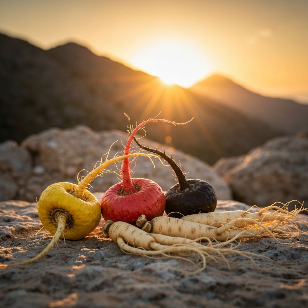 Colorful maca and ginseng roots on rocky surface with Mediterranean sunset