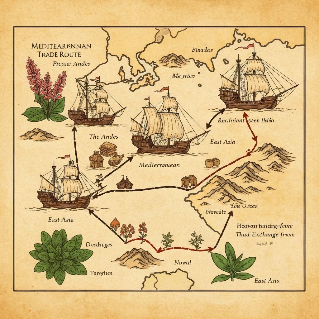Historical Mediterranean trade routes connecting Andean and East Asian plant origins